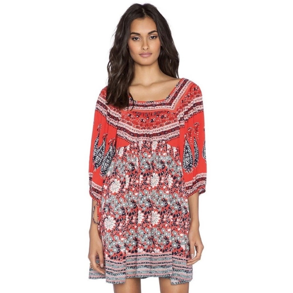 Free People Midsummer's Dream Dress Small Red Floral Milkmaid Cutout Mini